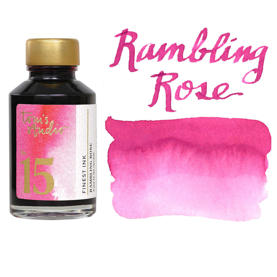 Open in modal - Tom's Studio Fountain Pen Ink - 50 ml, Rambling Rose, bottle with swatch