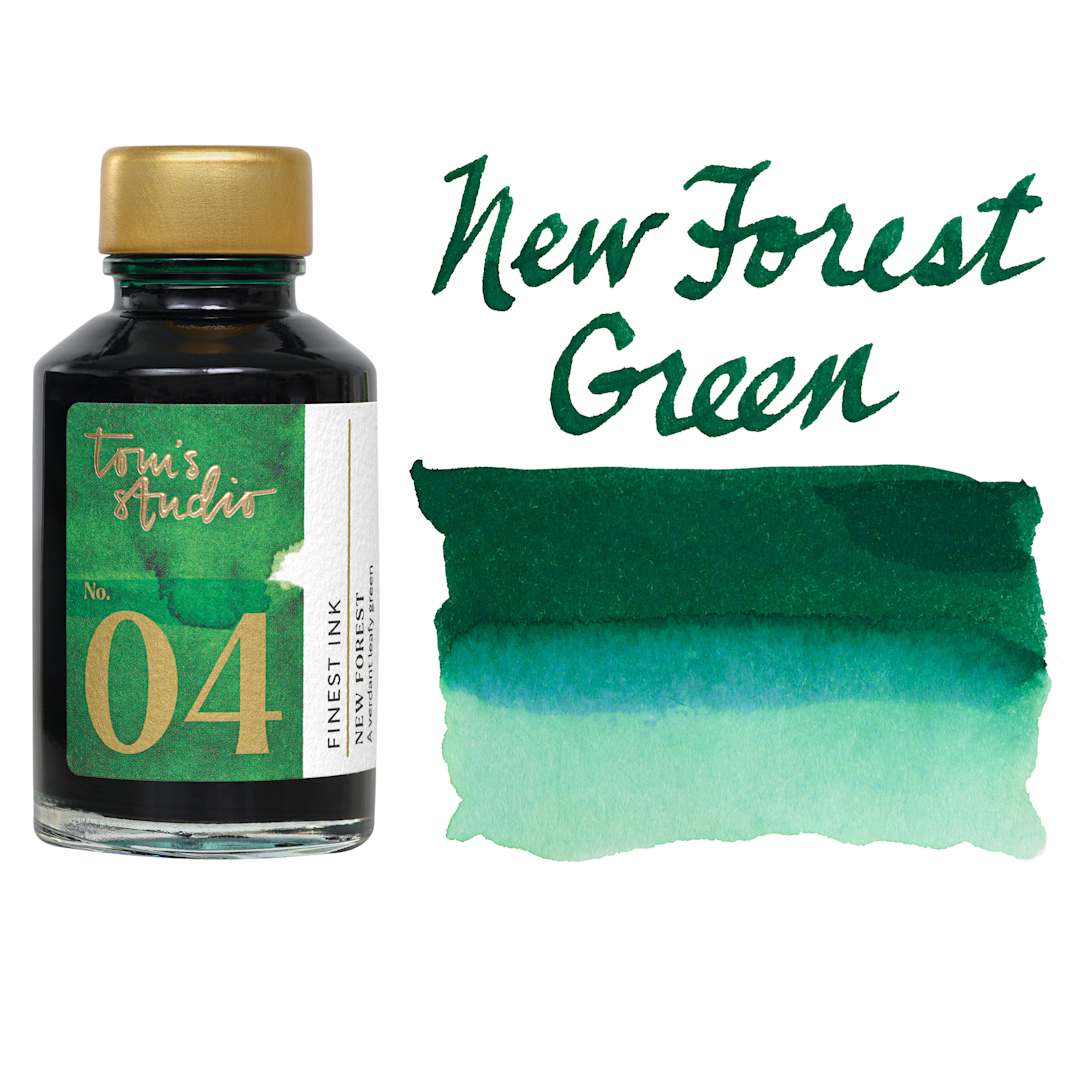 Open in modal - Tom's Studio Fountain Pen Ink - 50 ml, New Forest Green, bottle with swatch