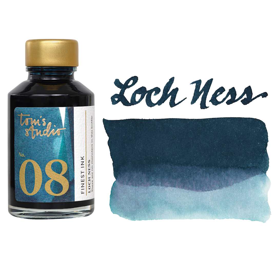 Open in modal - Tom's Studio Fountain Pen Ink - 50 ml, Loch Ness, bottle with swatch