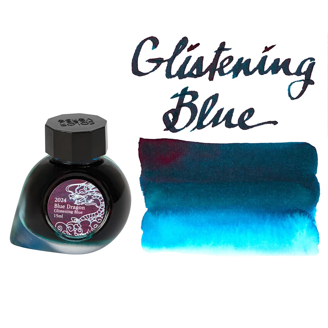Open in modal - Colorverse Blue Dragon Fountain Pen Ink - Glistening Blue, swatch and jar