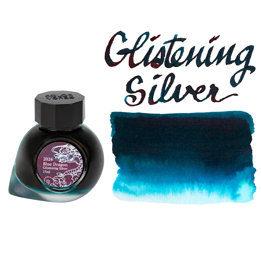 Open in modal - Colorverse Blue Dragon Fountain Pen Ink - Glistening Silver, swatch and jar