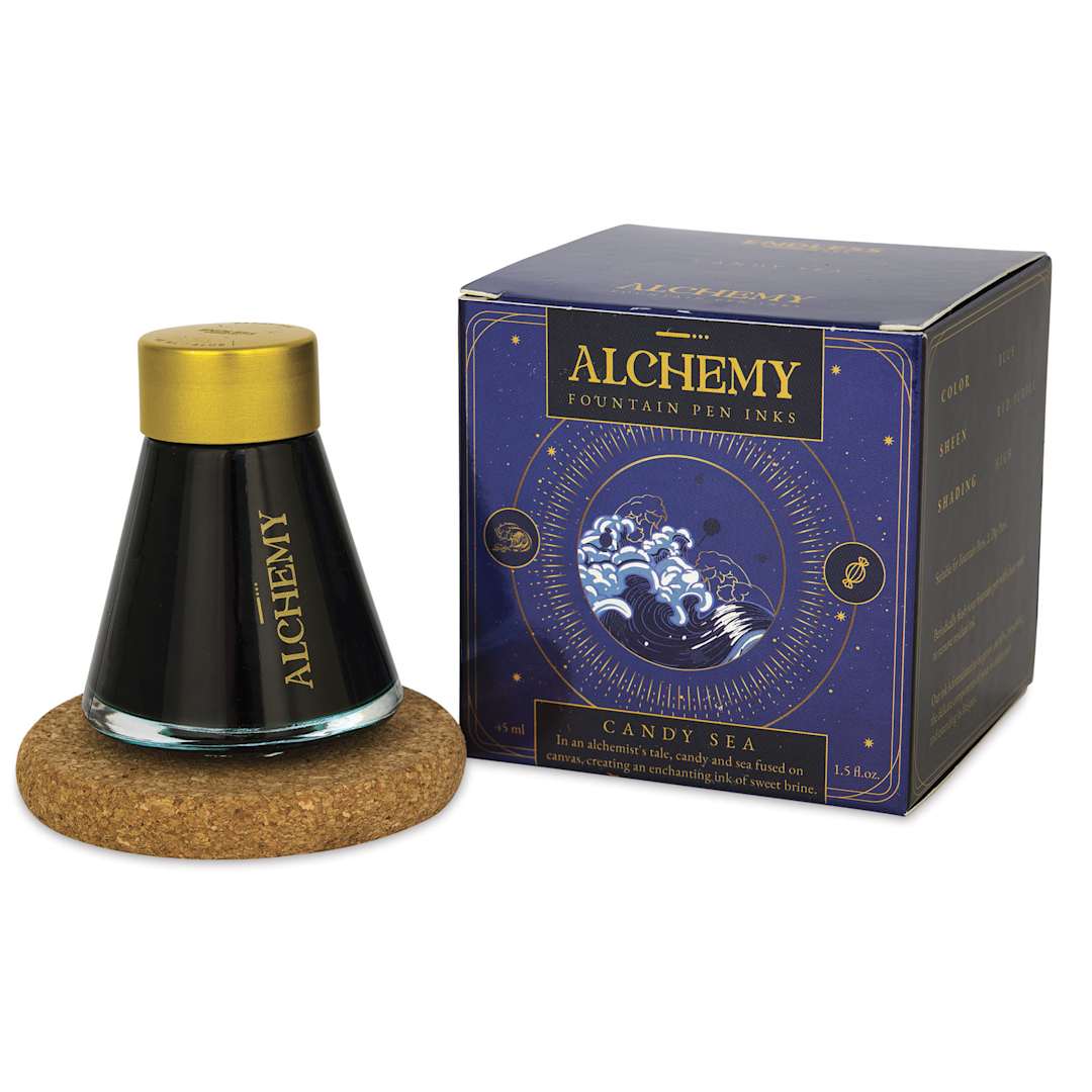 Open in modal - Endless Alchemy Fountain Pen Ink - Candy Sea, jar next to packaging box