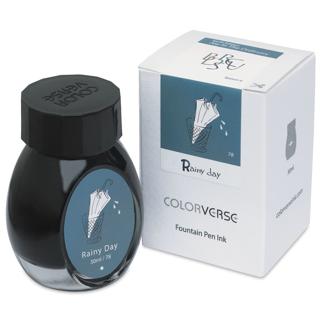 Open in modal - Colorverse Joy in the Ordinary Fountain Pen Ink - 78 Rainy Day, jar next to packaging box