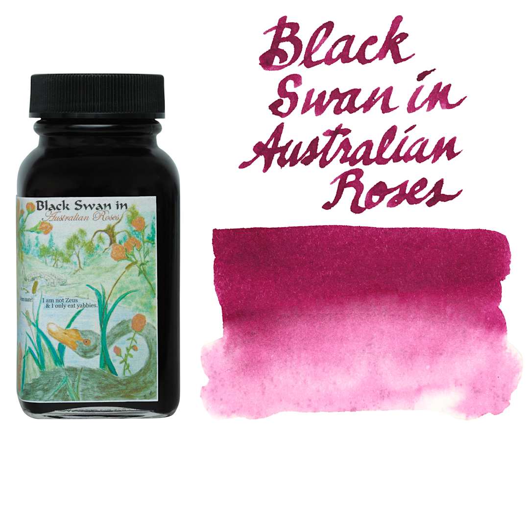 Open in modal - Noodler's Ink Fountain Pen Ink - Black Swan in Australian Roses, swatch and bottle