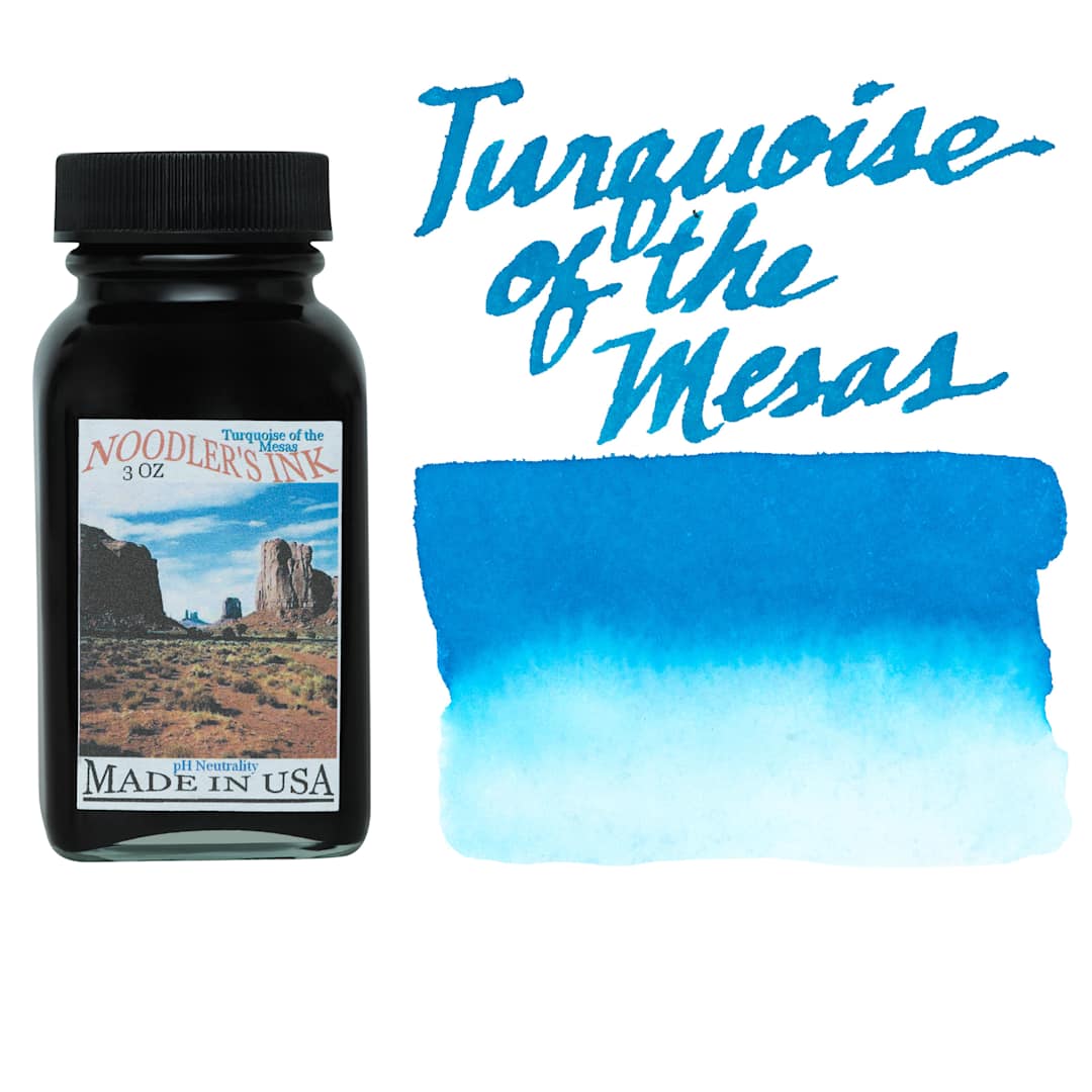Open in modal - Noodler's Ink Fountain Pen Ink - Turquoise of the Mesas, swatch and bottle