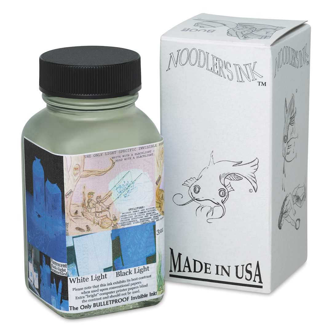 Open in modal - Noodler's Ink Blue Ghost Invisible Fountain Pen Ink - 3 oz, Bottle next to packaging box