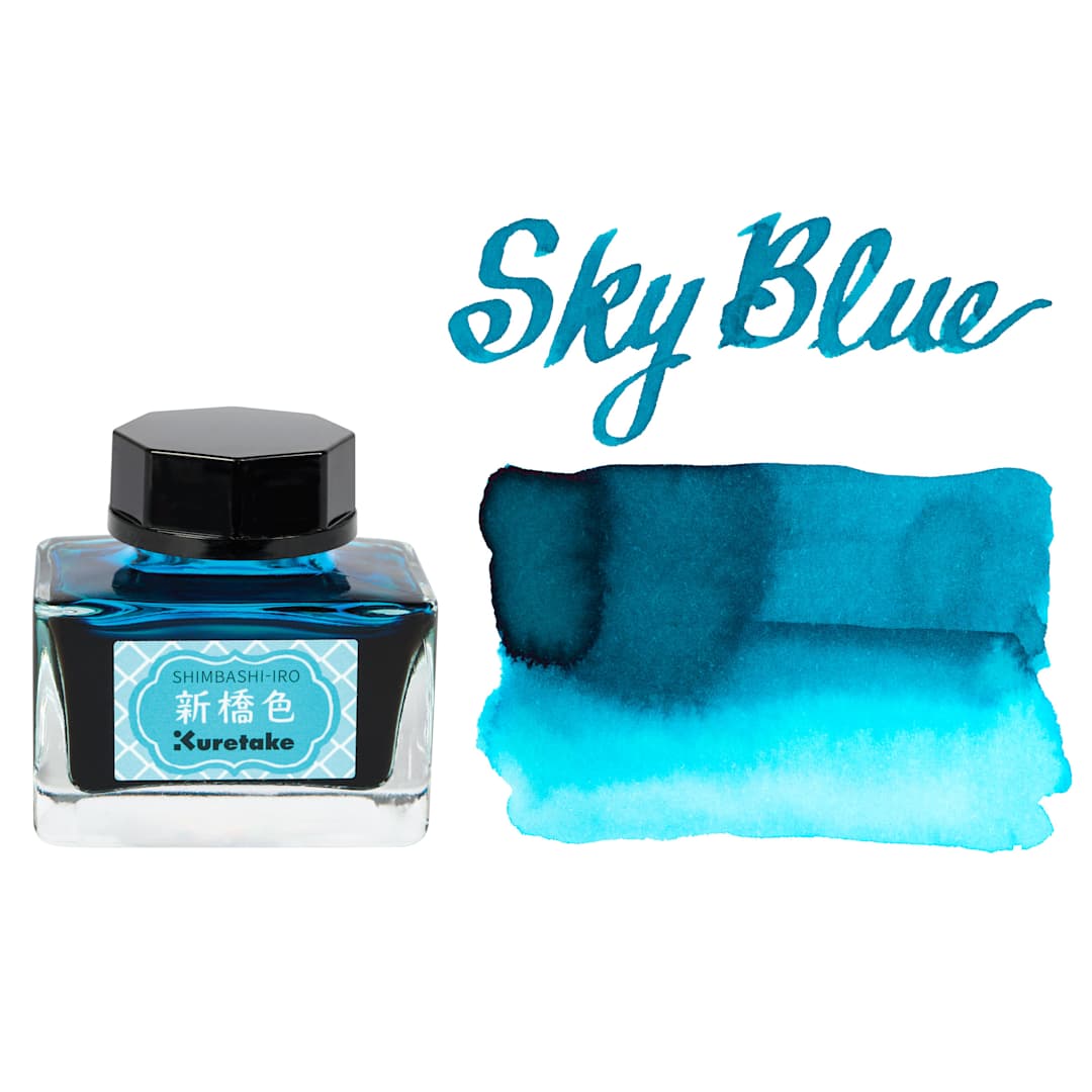 Open in modal - Kuretake Ink Cafe Meiji No Iro Pen Ink - 533 Sky Blue (Shimbashi-iro), swatch and jar