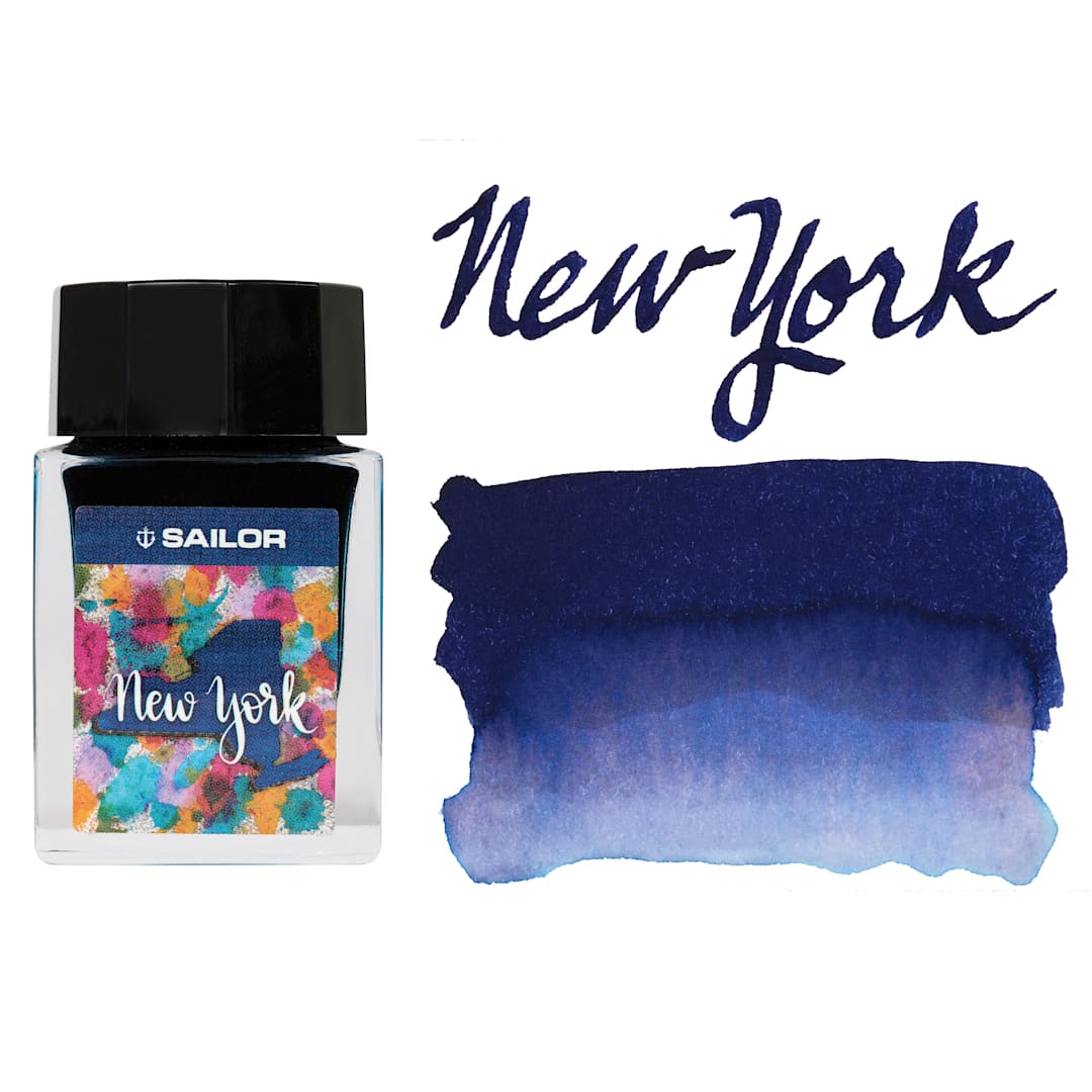 Open in modal - Sailor USA State Ink - New York, Blue Black, 20 ml, swatch and marker