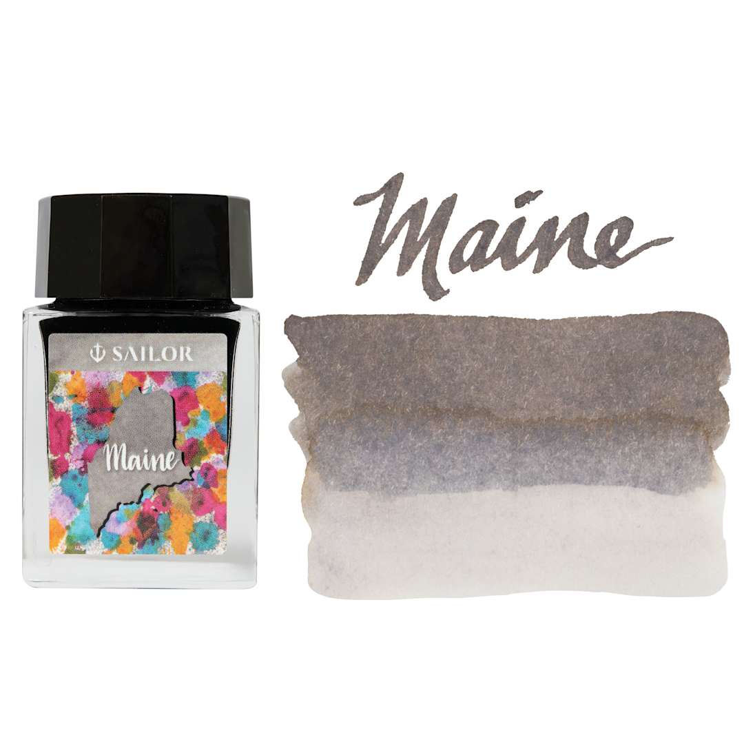 Open in modal - Sailor USA State Ink - Maine, Gray, 20 ml, swatch and bottle