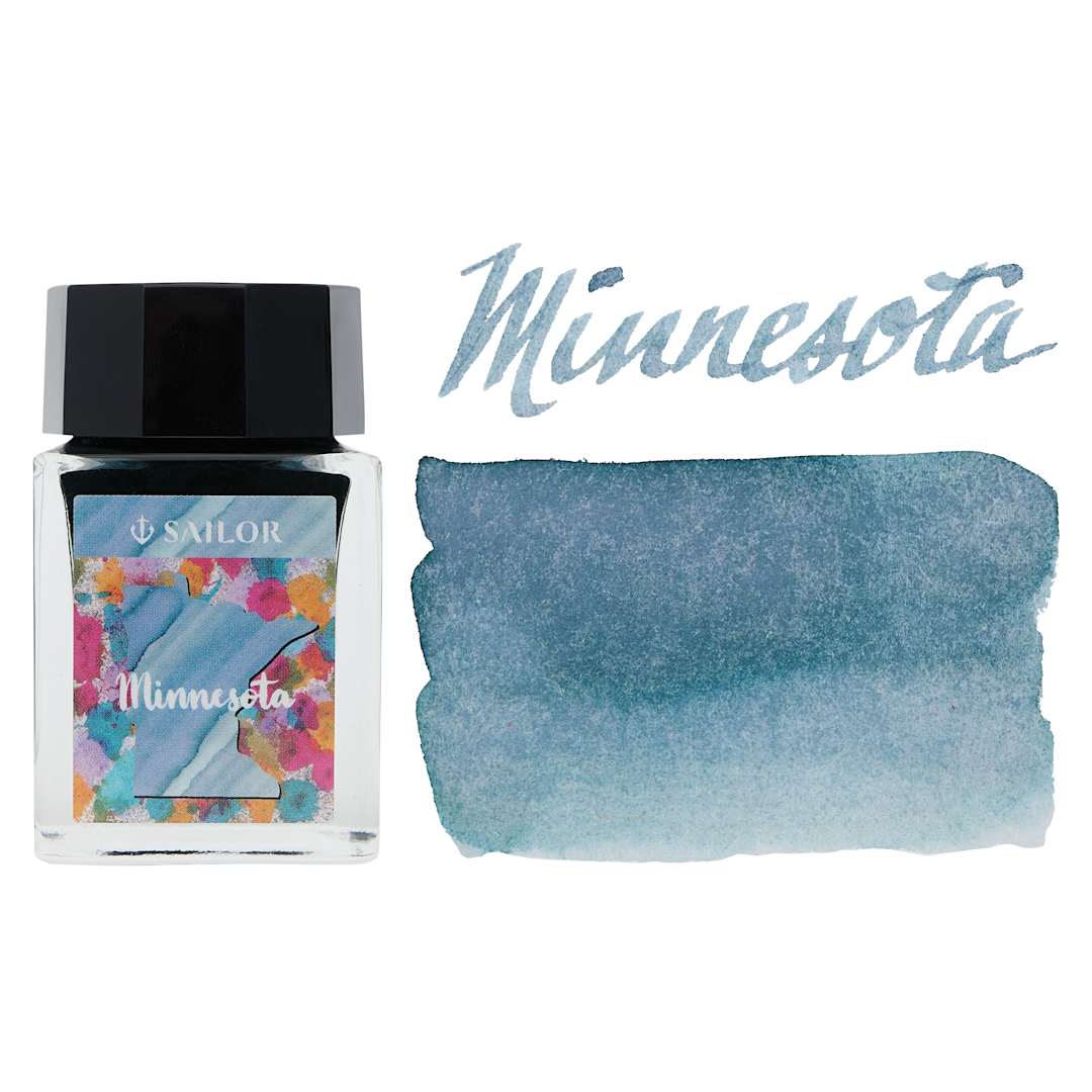 Open in modal - Sailor USA State Ink - Minnesota, Northern Lights Blue Gray, 20 ml bottle and swatch