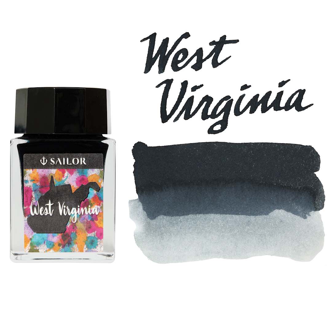 Open in modal - Sailor USA State Ink - West Virginia, Coal Gray, 20 ml, swatch and bottle
