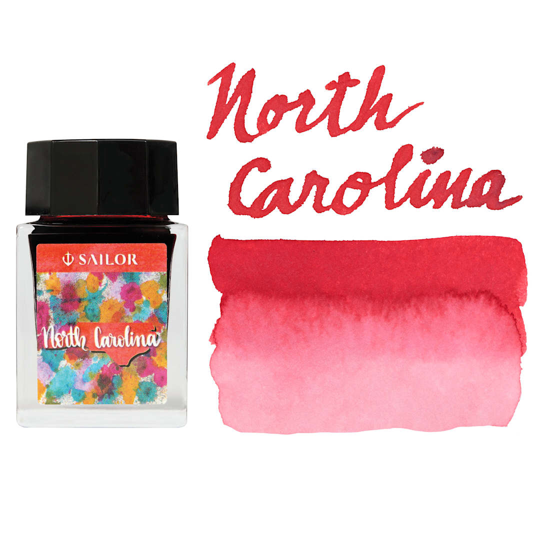 Open in modal - Sailor USA State Ink - North Carolina, Strawberry Red, 20 ml, swatch and bottle