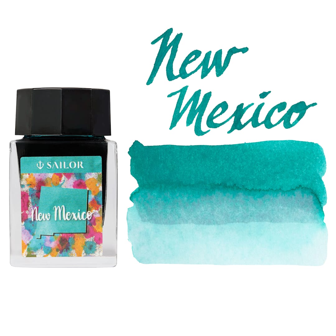 Open in modal - Sailor USA State Ink - New Mexico, Turquoise Blue, 20 ml, swatch and bottle