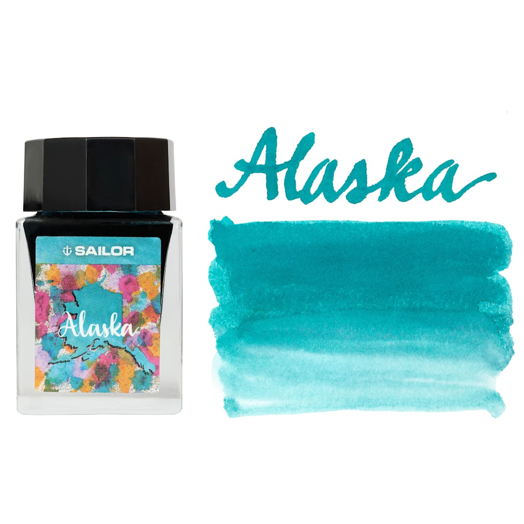 Open in modal - Sailor USA State Ink - Alaska, Aqua Blue, 20 ml, swatch and marker