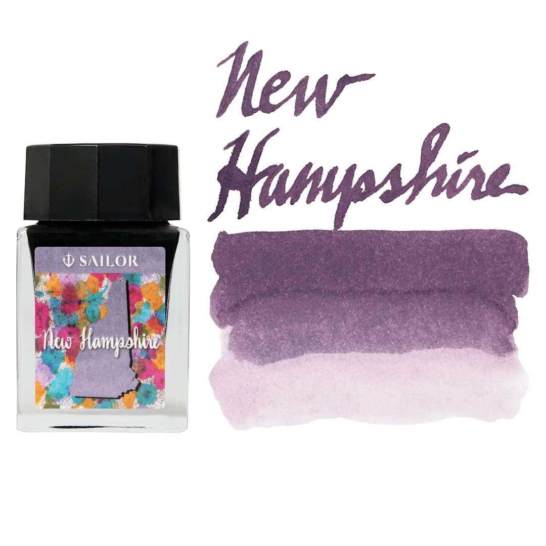 Open in modal - Sailor USA State Ink - New Hampshire, Granite Gray Purple, 20 ml, swatch and marker