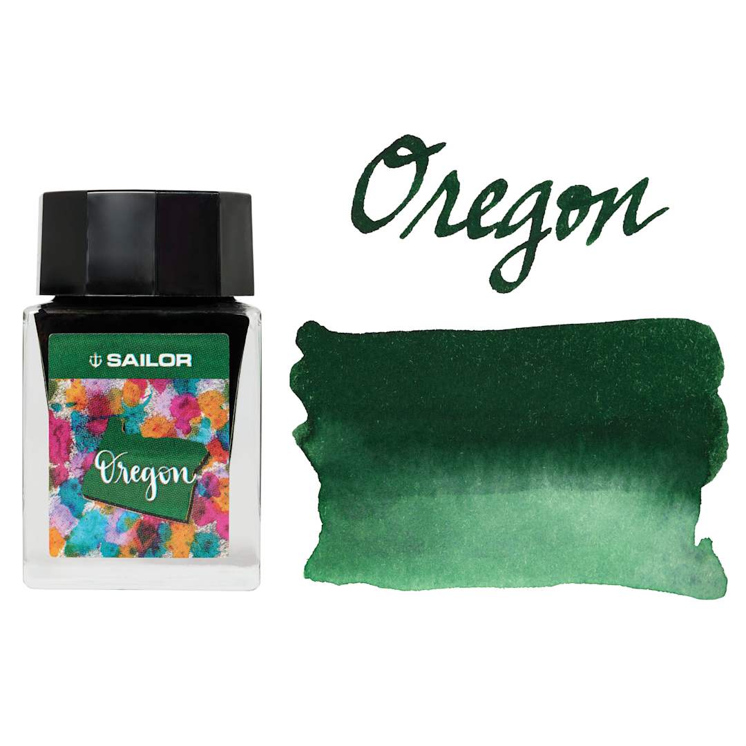 Open in modal - Sailor USA State Ink - Oregon, Green, 20 ml, swatch and bottle