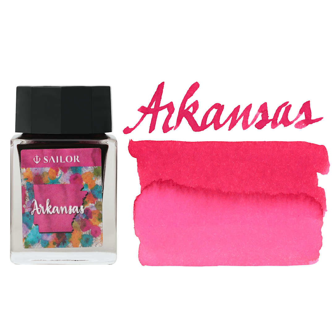 Open in modal - Sailor USA State Ink - Arkansas, Watermelon, 20 ml, swatch and bottle