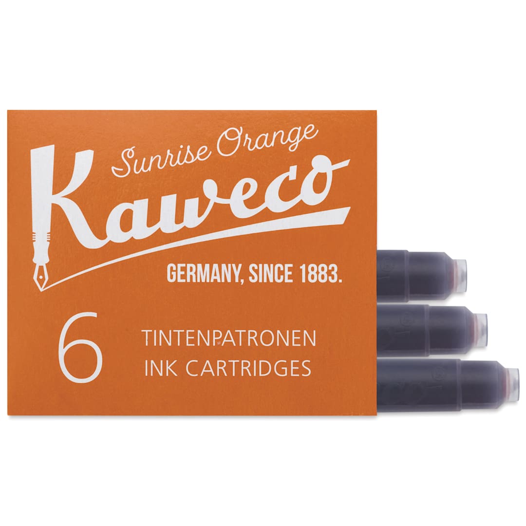 Open in modal - Kaweco Fountain Pen Ink Cartridges - Sun Orange, three cartridges shown out of packaging