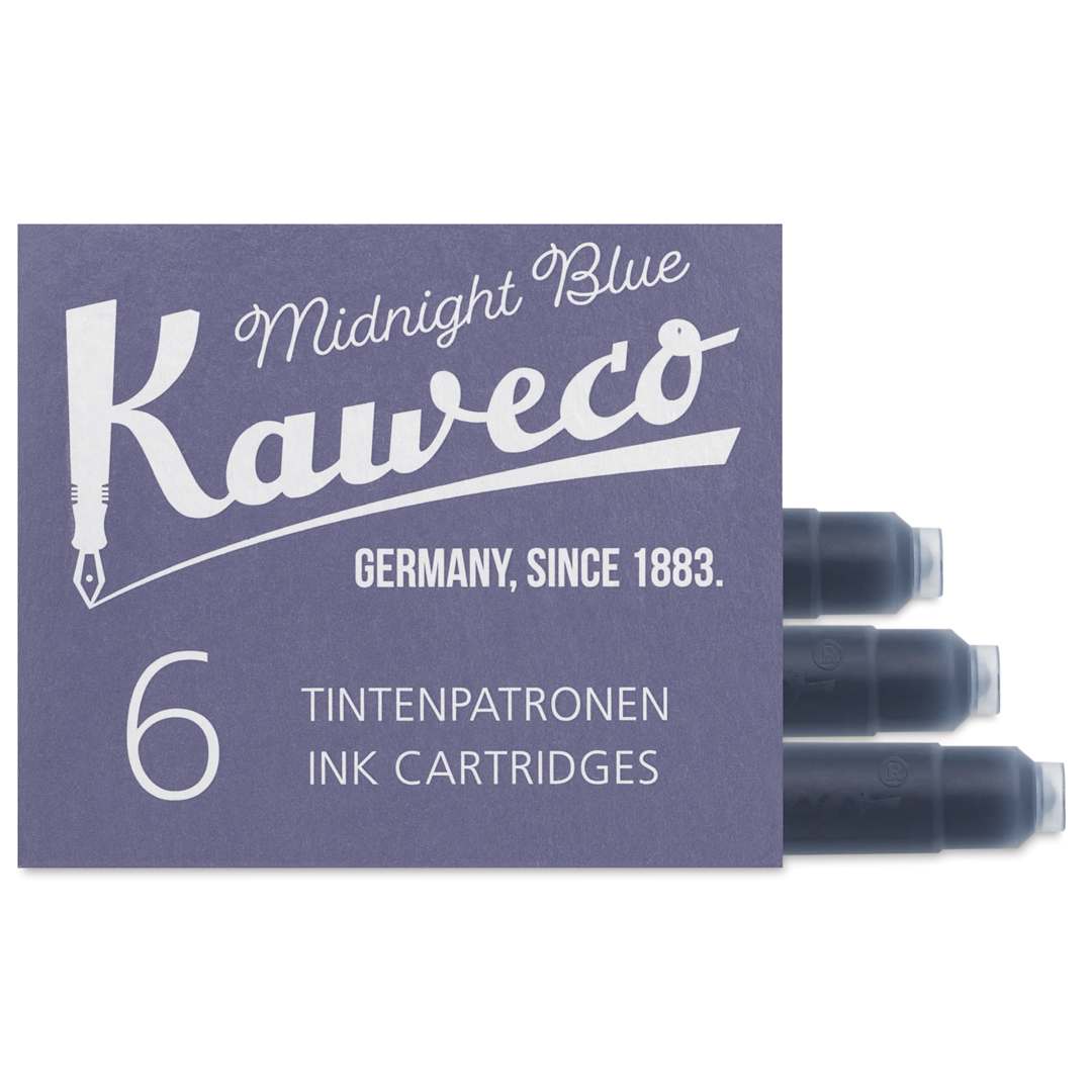 Open in modal - Kaweco Fountain Pen Ink Cartridges - Midnight Blue, three cartridges shown out of packaging