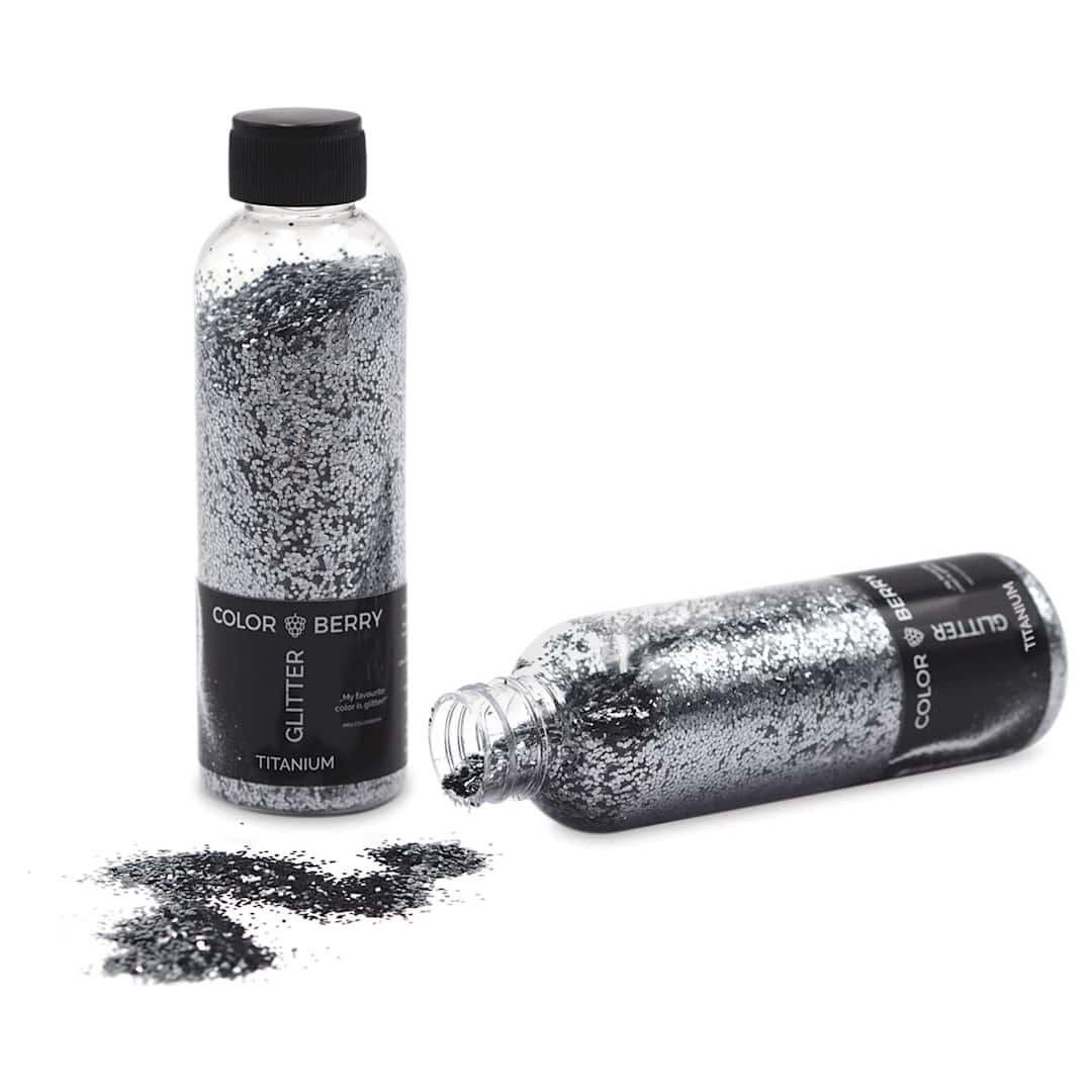 Open in modal - Colorberry Glitter - Titanium, Chunky, 90 grams, Bottle (Glitter shown in and out of bottle)