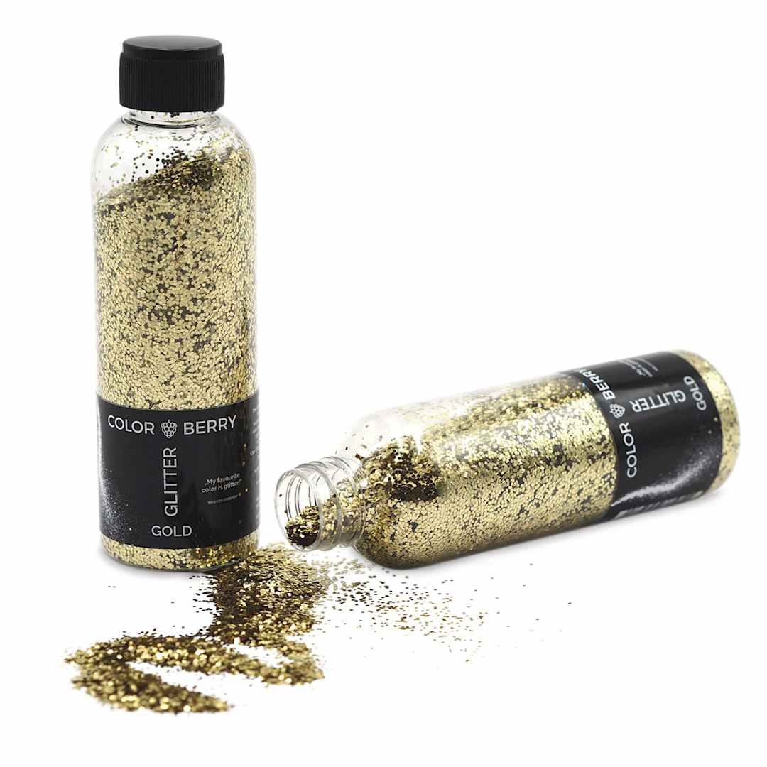 Open in modal - Colorberry Glitter - Gold, Chunky, 90 grams, Bottle (Glitter shown in and out of bottle)