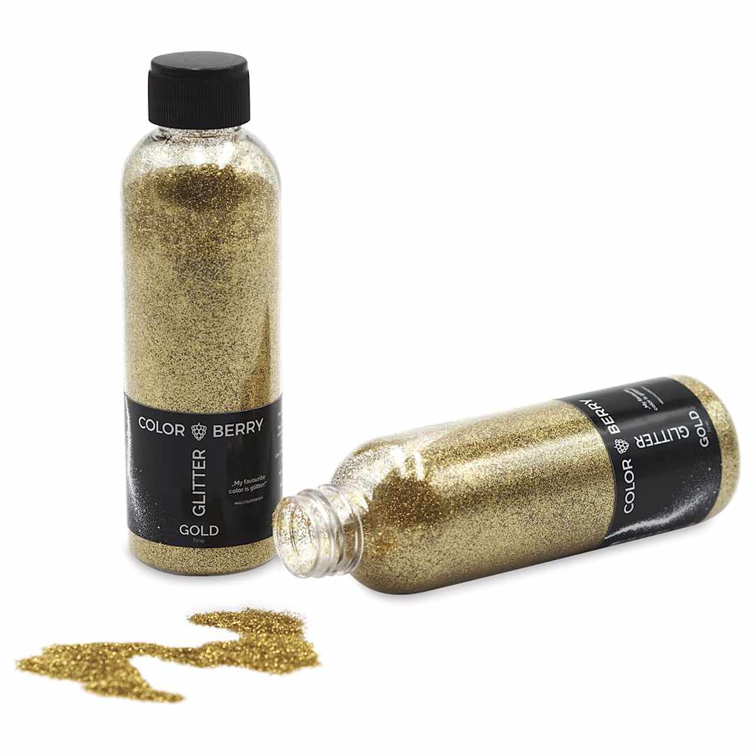 Open in modal - Colorberry Glitter - Gold, Fine, 50 grams, Bottle (Glitter shown in and out of bottle)