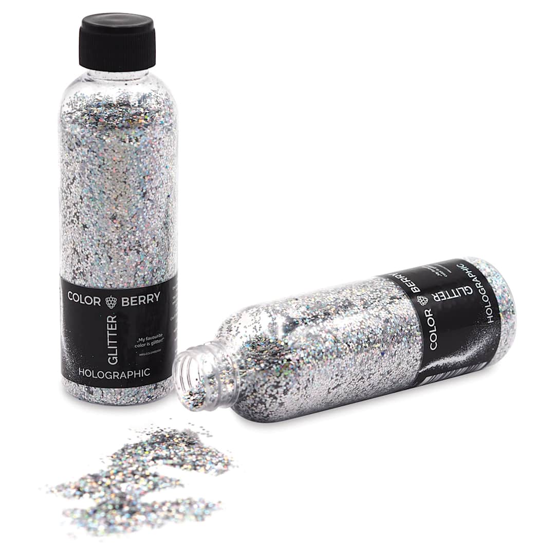Open in modal - Colorberry Glitter - Holographic Silver, Chunky, 90 grams, Bottle (Glitter shown in and out of bottle)