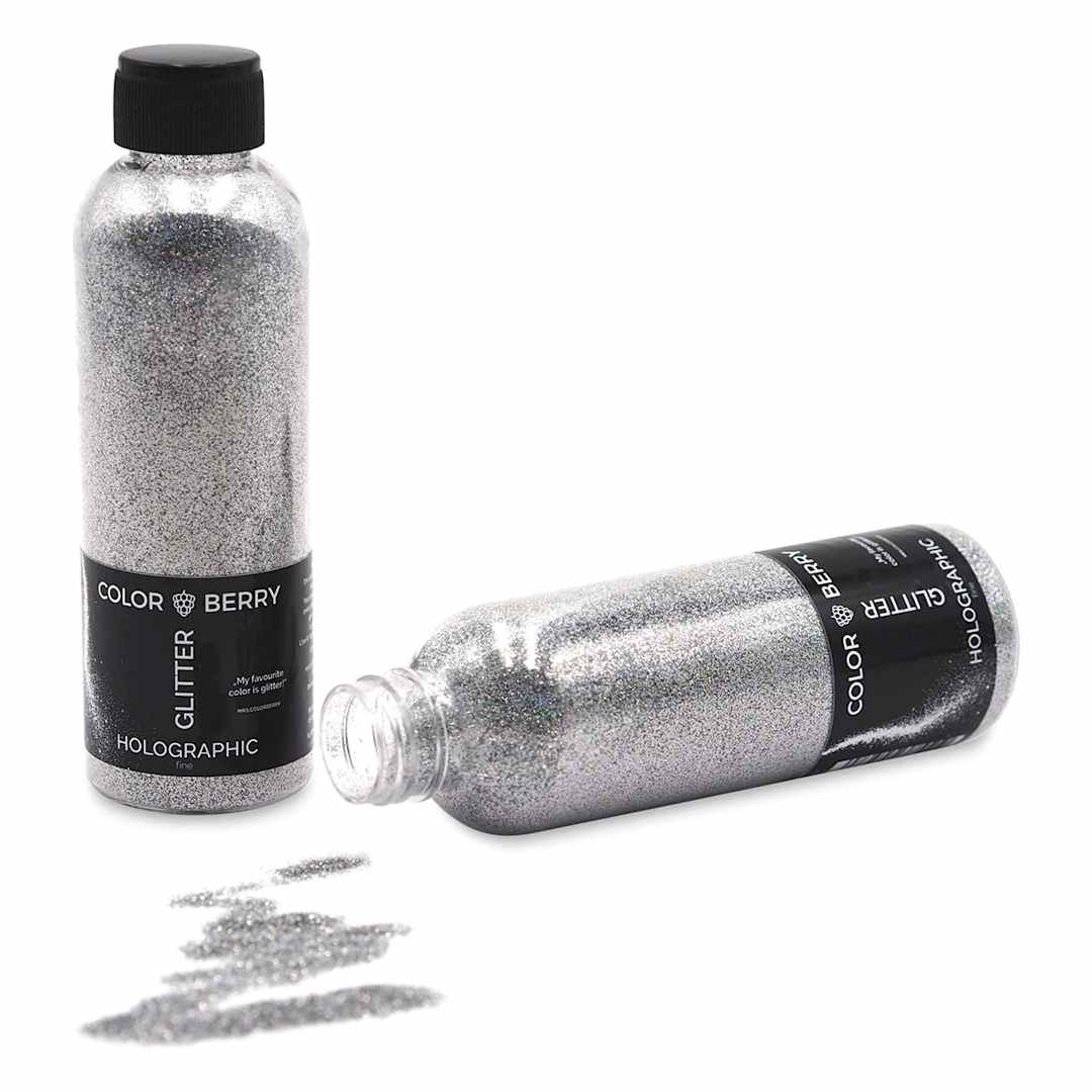 Open in modal - Colorberry Glitter - Holographic Silver, Fine, 90 grams, Bottle (Glitter shown in and out of bottle)