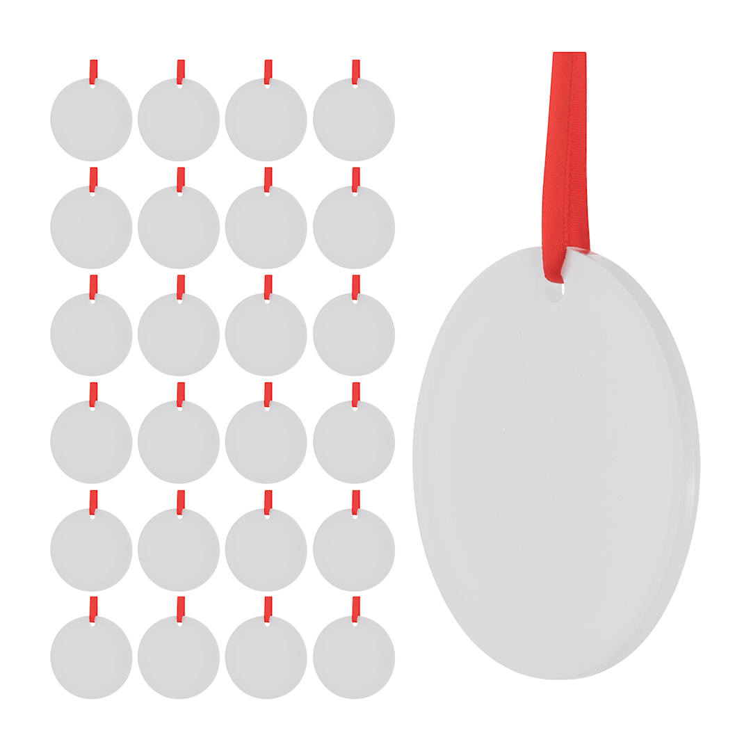 Open in modal - Craft Express Sublimation Printing Ornament - Acrylic Circle, 3", Pkg of 25 (one enlarged and shown at an angle)