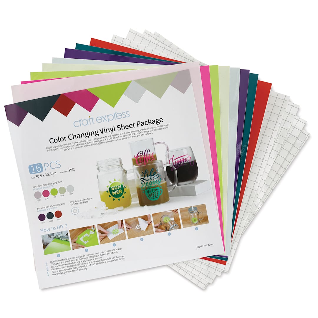 Open in modal - Craft Express Vinyl Sheets - Color Changing, Assorted Colors, 12" x 12", Set of 8 (contents)