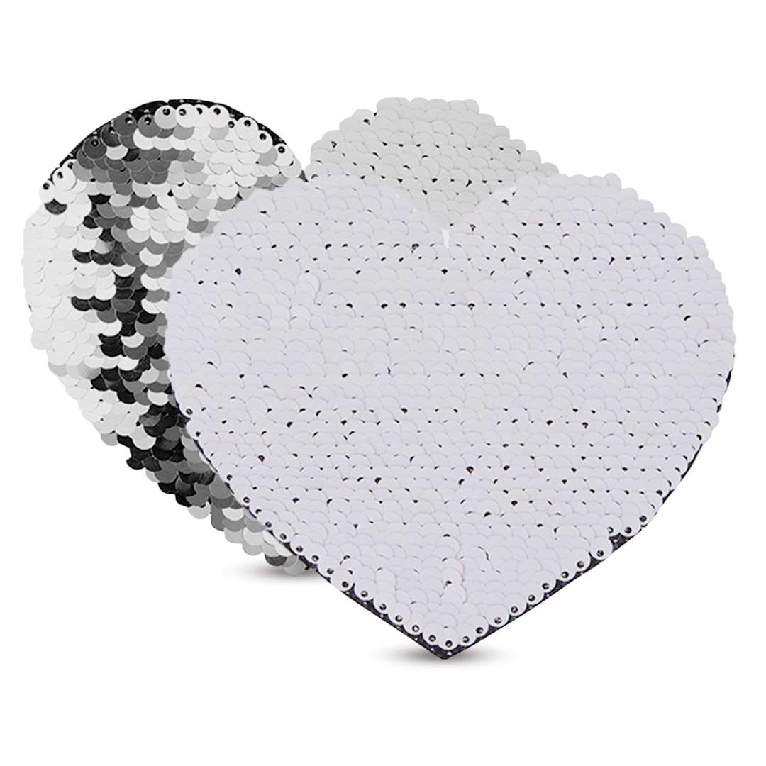 Open in modal - Craft Express Sublimation Printing Flip Sequin Patches - Heart, 4" x 4.75", Silver, Pkg of 2