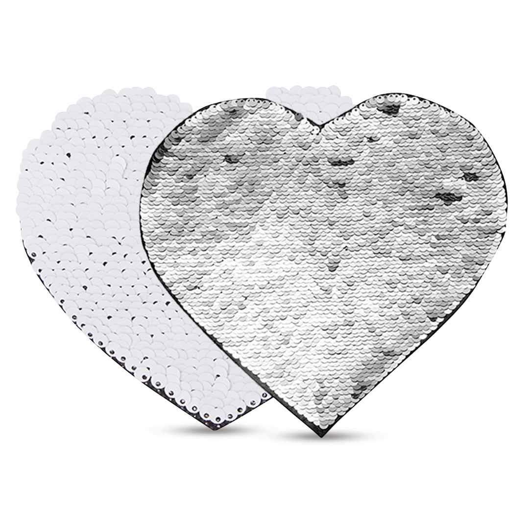 Open in modal - Craft Express Sublimation Printing Flip Sequin Patches - Heart, 7" x 9", Silver, Pkg of 2