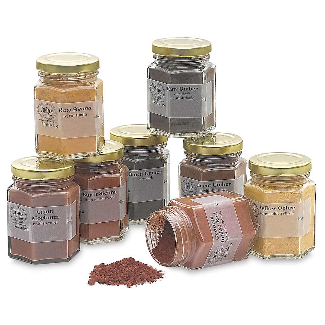 Open in modal - Sinopia Pigment Sets - Jars of 8 pc set shown with one open and pigment spilled