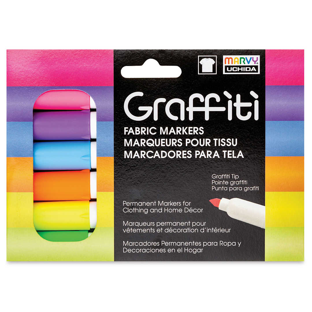 Open in modal - Marvy Uchida Graffiti Fabric Markers - Set of 6, Fluorescent Colors