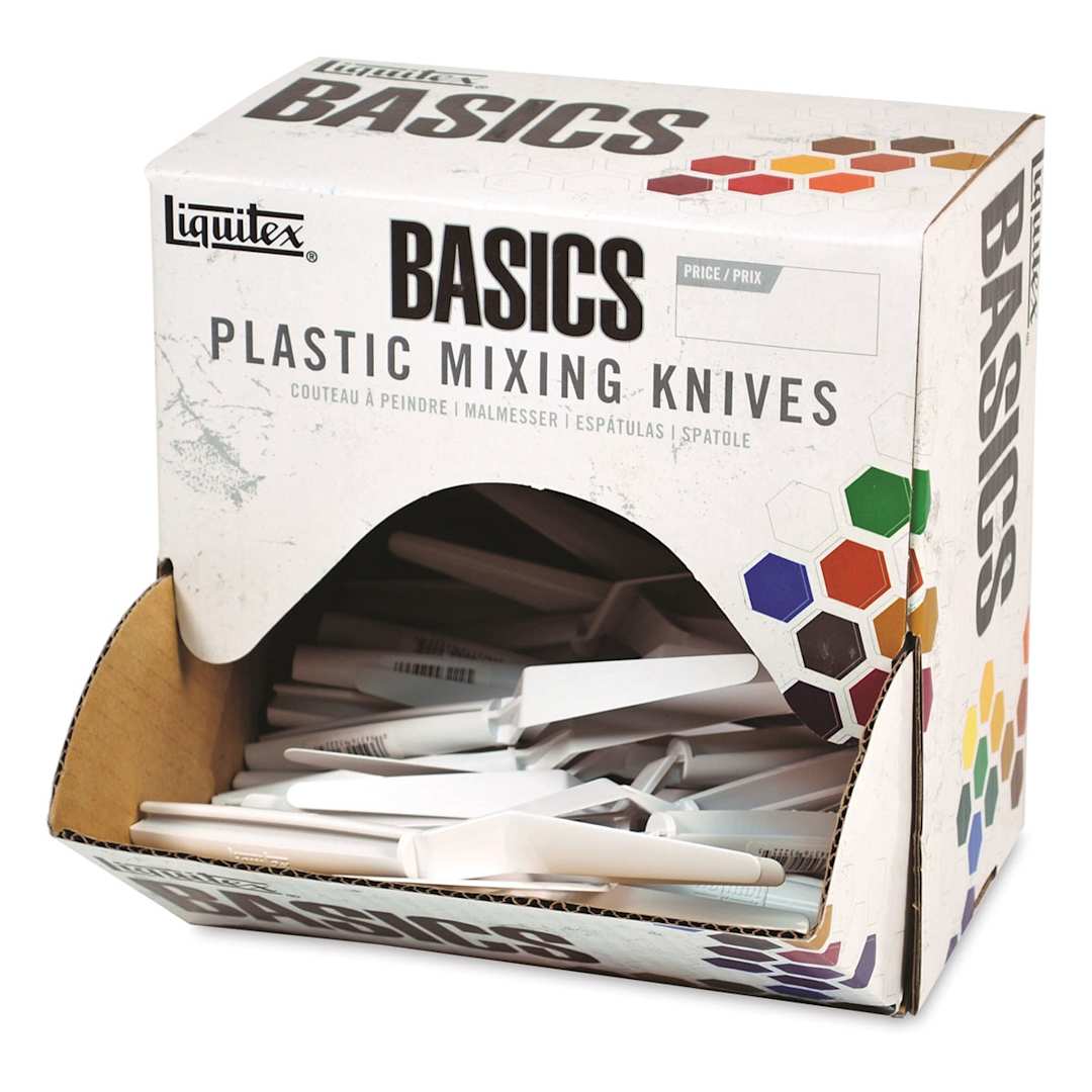 Open in modal - Liquitex Basics Plastic Palette Knives - Front of open package of 72 Mixing Knives