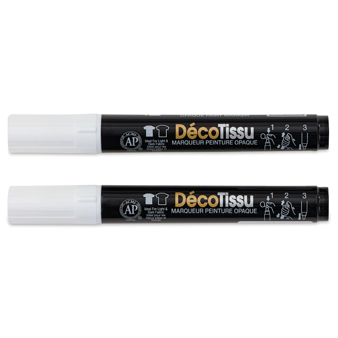 Open in modal - Marvy Uchida DecoFabric Opaque Paint Markers - White, Pkg of 2, out of packaging with caps on