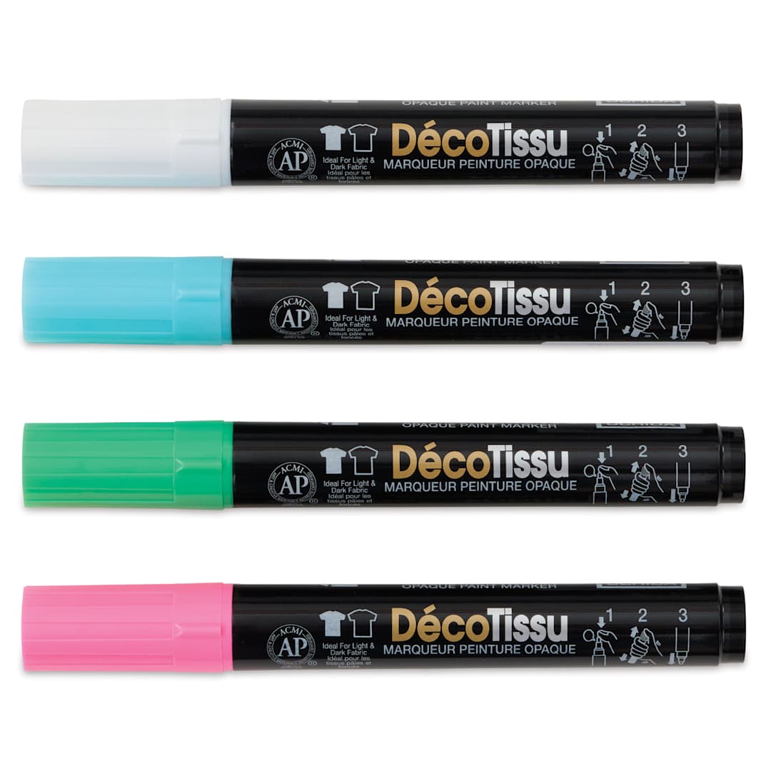 Open in modal - Marvy Uchida DecoFabric Opaque Paint Markers - Fluorescent Colors, Set of 4, laid out with caps on