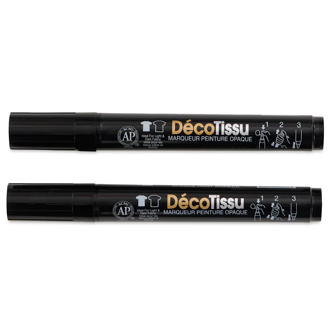 Open in modal - Marvy Uchida DecoFabric Opaque Paint Markers - Black, Pkg of 2, out of the packaging with caps on