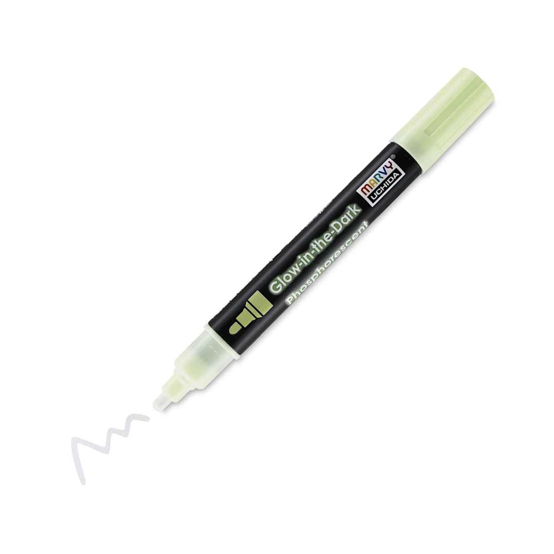 Open in modal - Marvy Uchida DecoFabric Opaque Paint Marker - Green Glow-in-the-Dark, Medium Tip (uncapped marker and swatch)