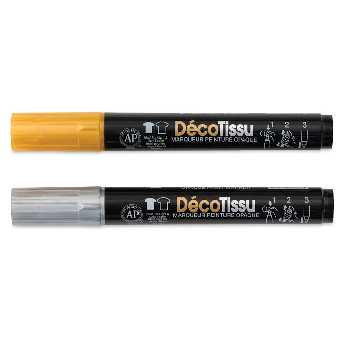Open in modal - Marvy Uchida DecoFabric Opaque Paint Markers - Gold and Silver, Set of 2, out of the packaging