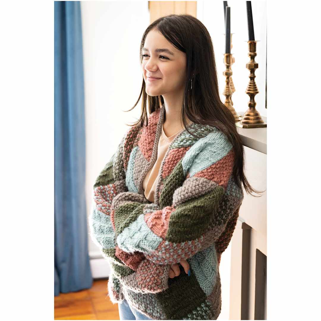 Open in modal - Lion Brand Jiffy Bonus Bundle Yarn adult wearing finished sweater example
