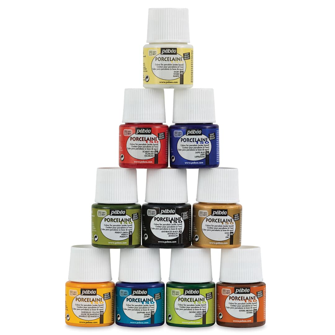Open in modal - Pebeo Porcelaine 150 Paints - Set of 10, 45 ml bottle stacked bottles
