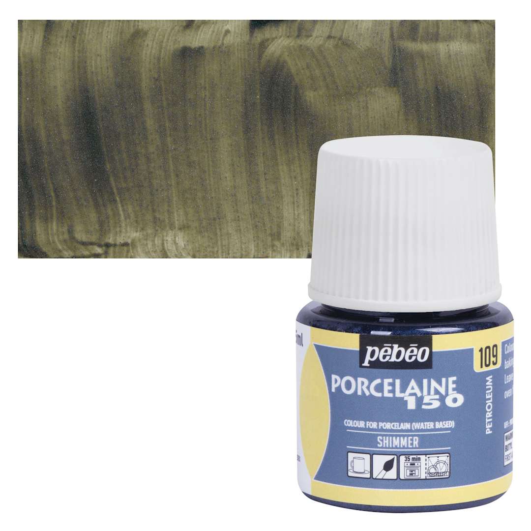 Open in modal - Pebeo Porcelaine 150 Paint - Shimmer Petroleum, Shimmer Opaque, 45 ml bottle and swatch
