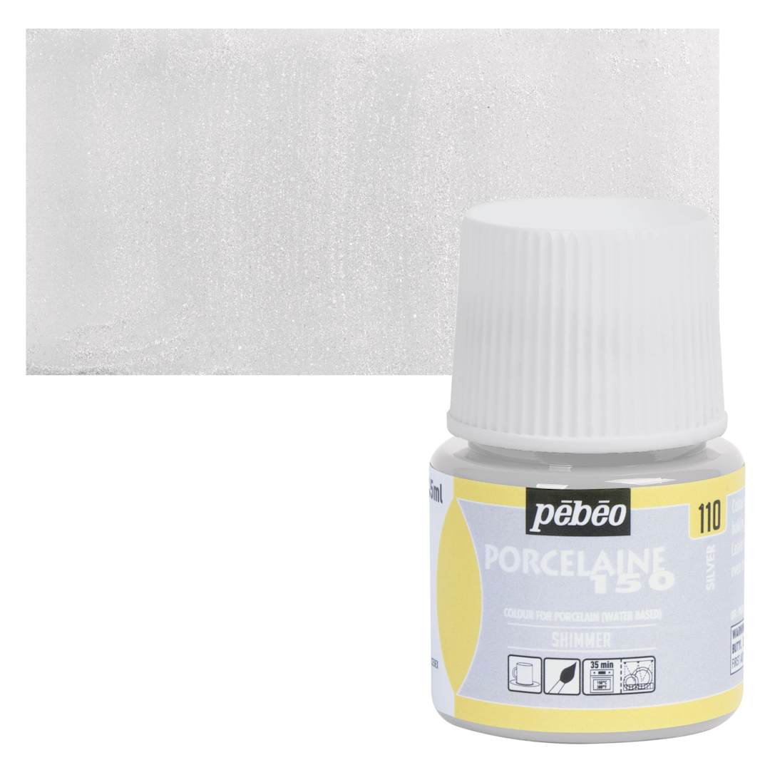 Open in modal - Pebeo Porcelaine 150 Paint - Shimmer Silver, Shimmer Opaque, 45 ml bottle and swatch