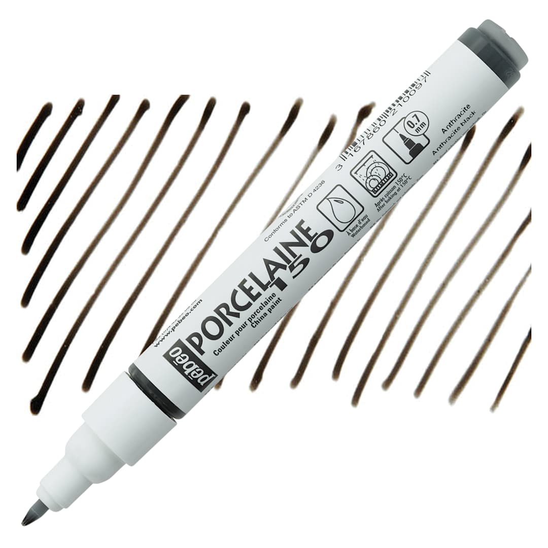 Open in modal - Pebeo Porcelaine 150 Paint Marker - Anthracite Black, Fine Point marker and swatch