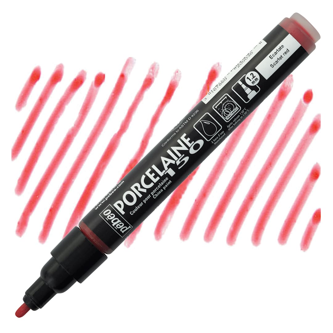 Open in modal - Pebeo Porcelaine 150 Paint Marker - Scarlet Red, Broad marker and swatch