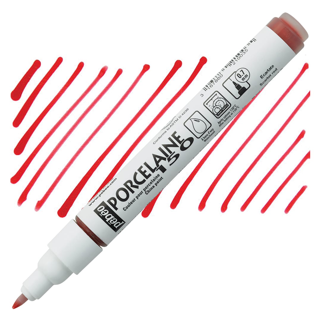 Open in modal - Pebeo Porcelaine 150 Paint Marker - Scarlet Red, Fine Point marker and swatch