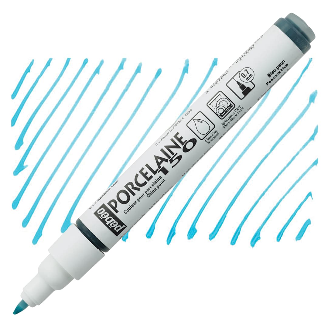Open in modal - Pebeo Porcelaine 150 Paint Marker - Peacock Blue, Fine Point marker and swatch
