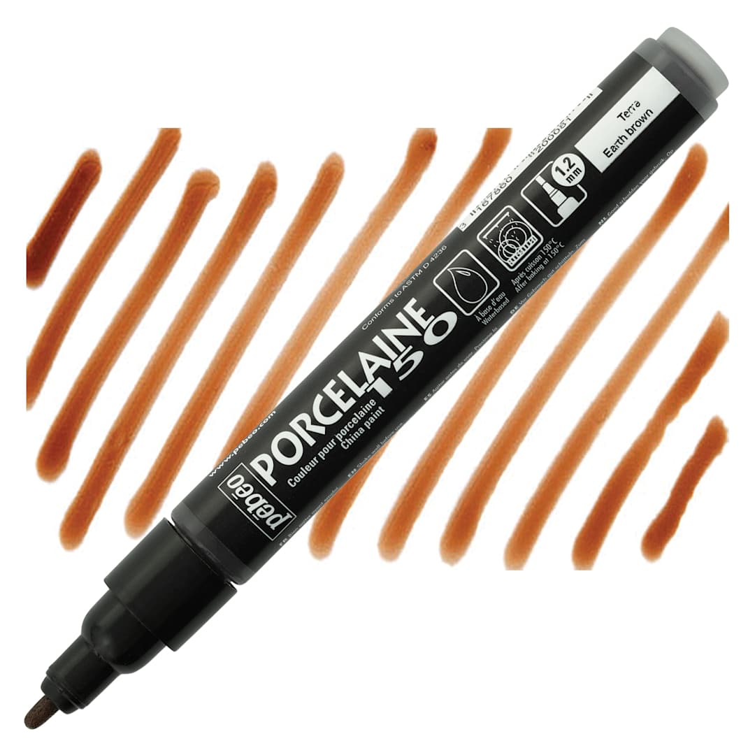 Open in modal - Pebeo Porcelaine 150 Paint Marker - Earth Brown, Broad marker and swatch