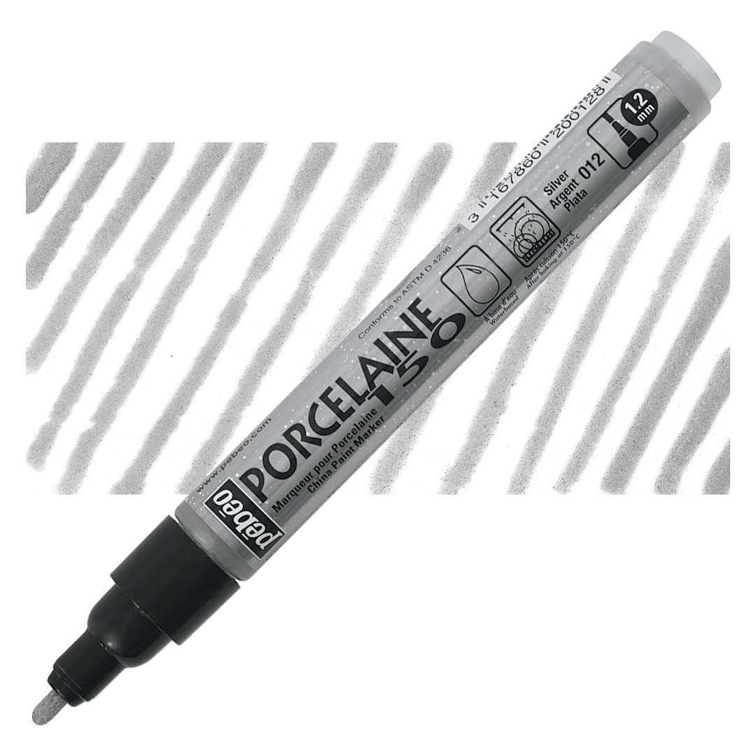 Open in modal - Pebeo Porcelaine 150 Paint Marker - Silver, Broad marker and swatch